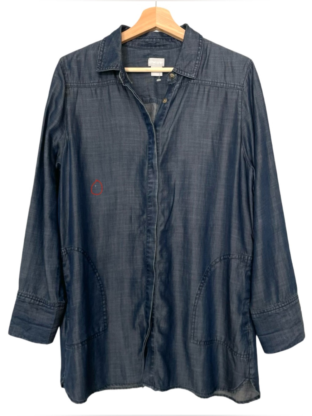 Chico's Denim Jean Tunic Top Button-up Front and Side Pockets Size 18
